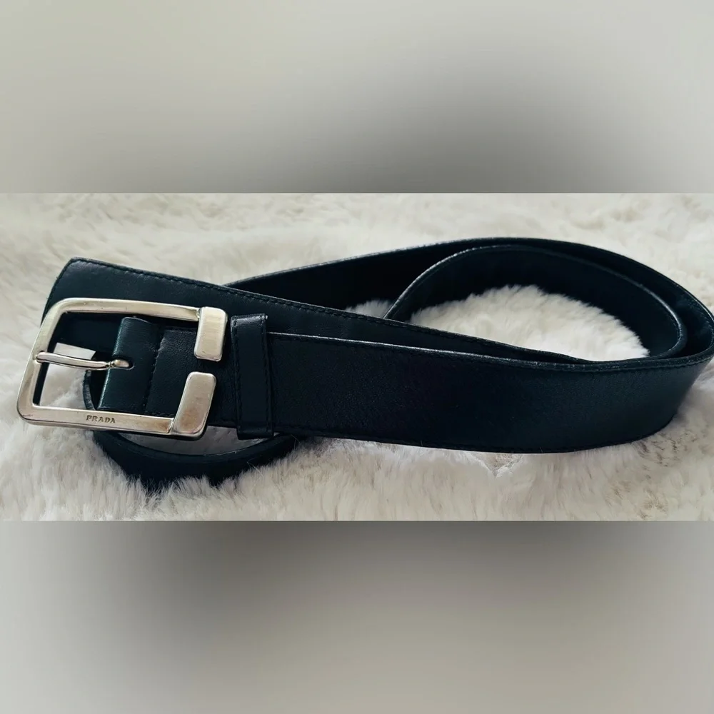 PRADA Men’s Black Butter Soft Leather Belt w/Silver Buckle Size: 38”-42”